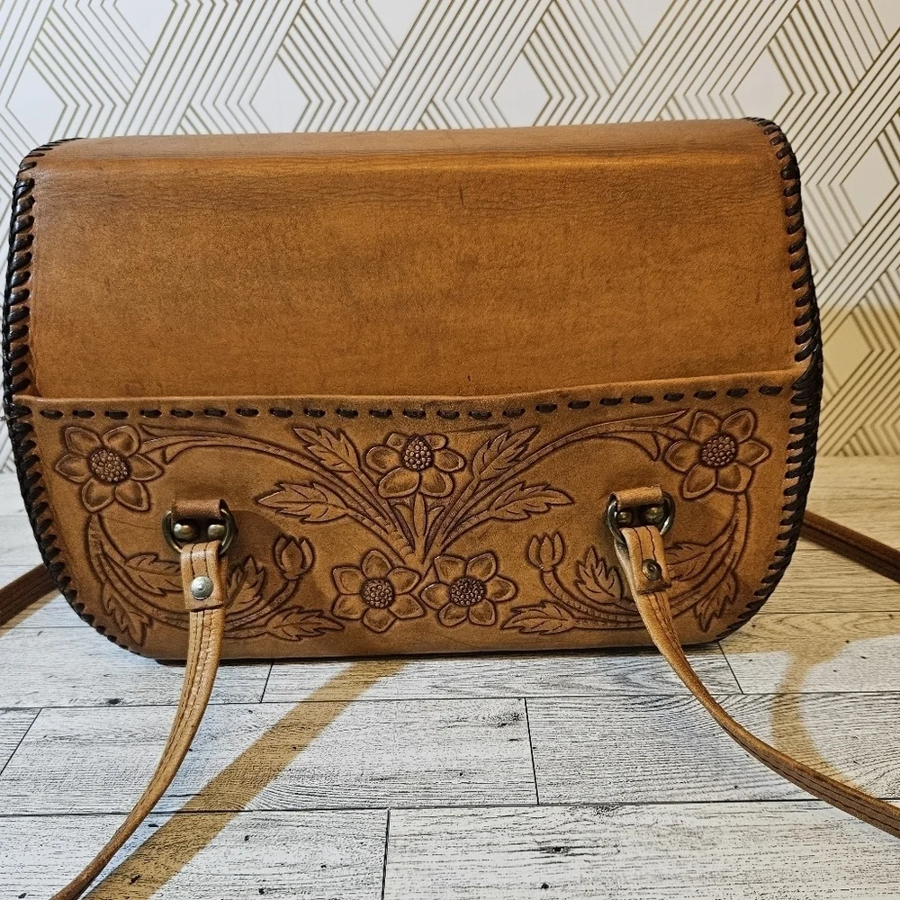 COPY - Vintage Hand Tooled Leather Hard Sided Satchel Bag